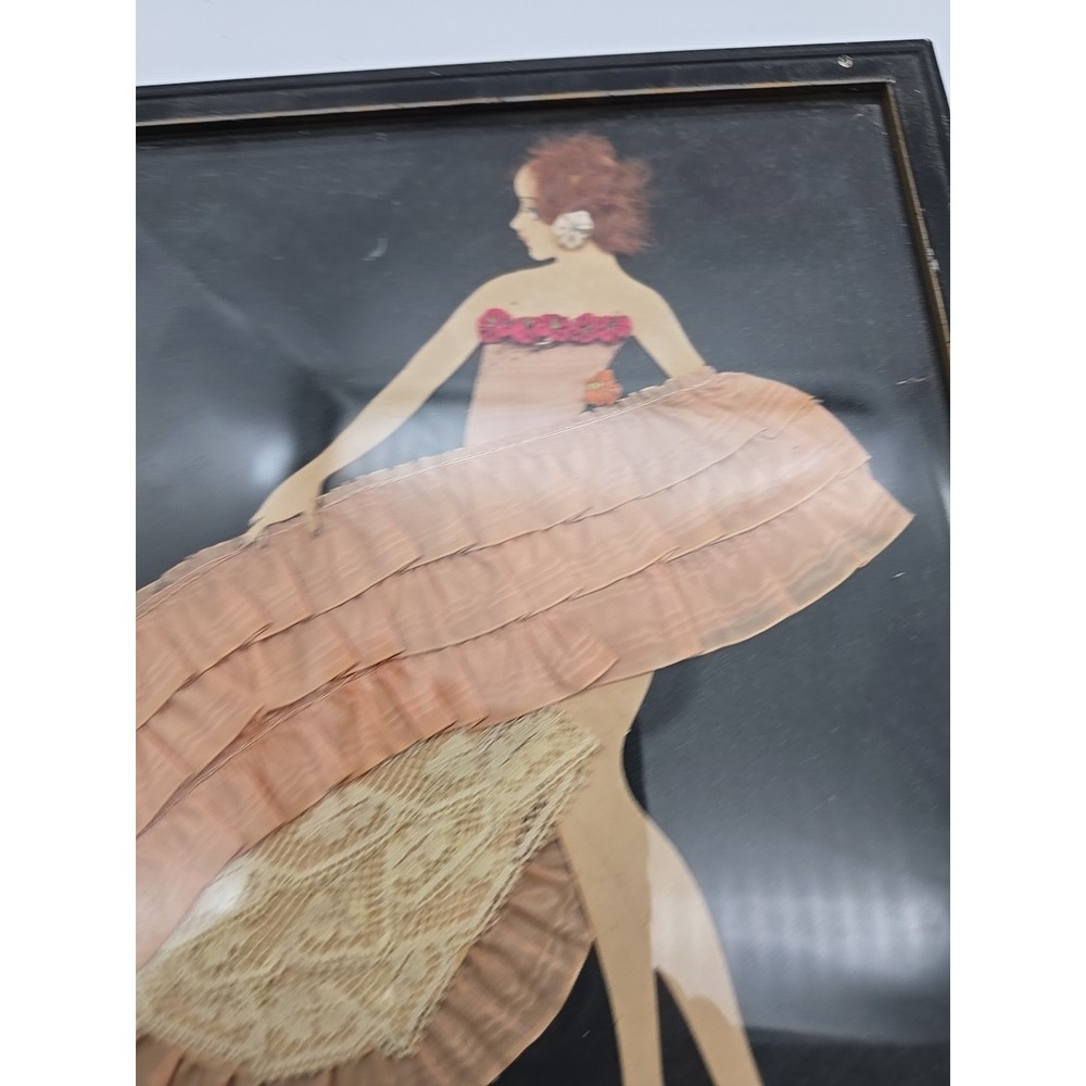 Art Deco Vintage Dimensional Ribbon Art Doll Picture in Layered Gown & Lace Hair - Picture 2 of 10